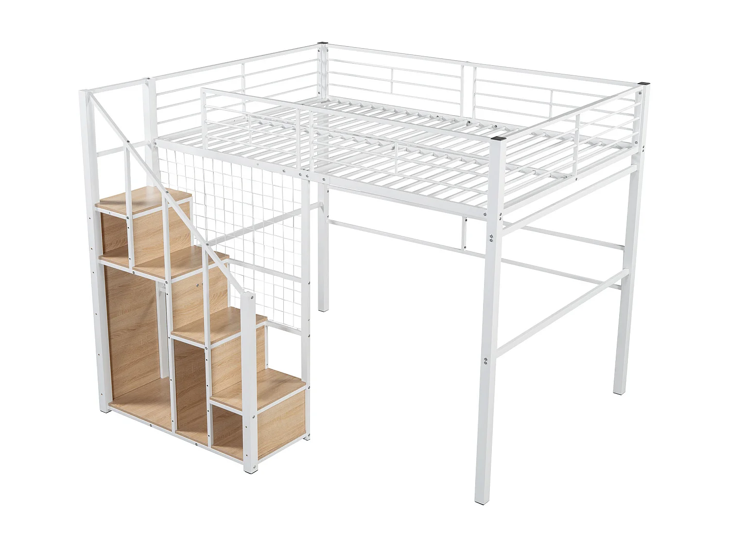 Lit mezzanine 140x200cm avec escalier de rangement et grille - Lit enfant en métail - Blanc