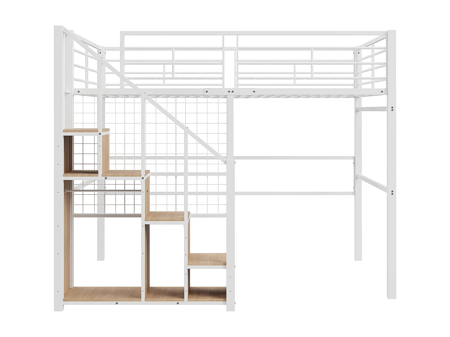 Lit mezzanine 140x200cm avec escalier de rangement et grille - Lit enfant en métail - Blanc