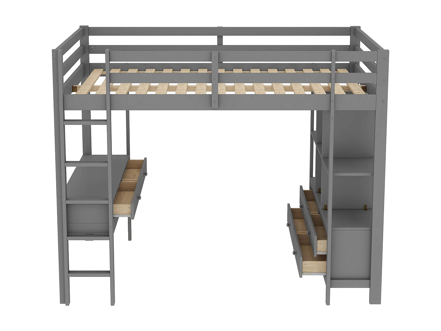 Lit mezzanine enfant 140 x 200 cm avec 6 tiroirs de rangement et bureau -Bois en pin et MDF gris - sans matelas