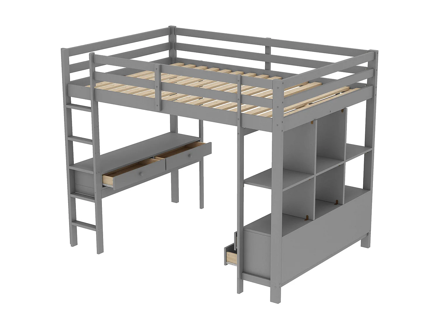 Lit mezzanine enfant 140 x 200 cm avec 6 tiroirs de rangement et bureau -Bois en pin et MDF gris - sans matelas
