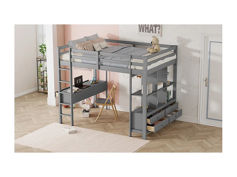 Lit mezzanine enfant 140 x 200 cm avec 6 tiroirs de rangement et bureau -Bois en pin et MDF gris - sans matelas