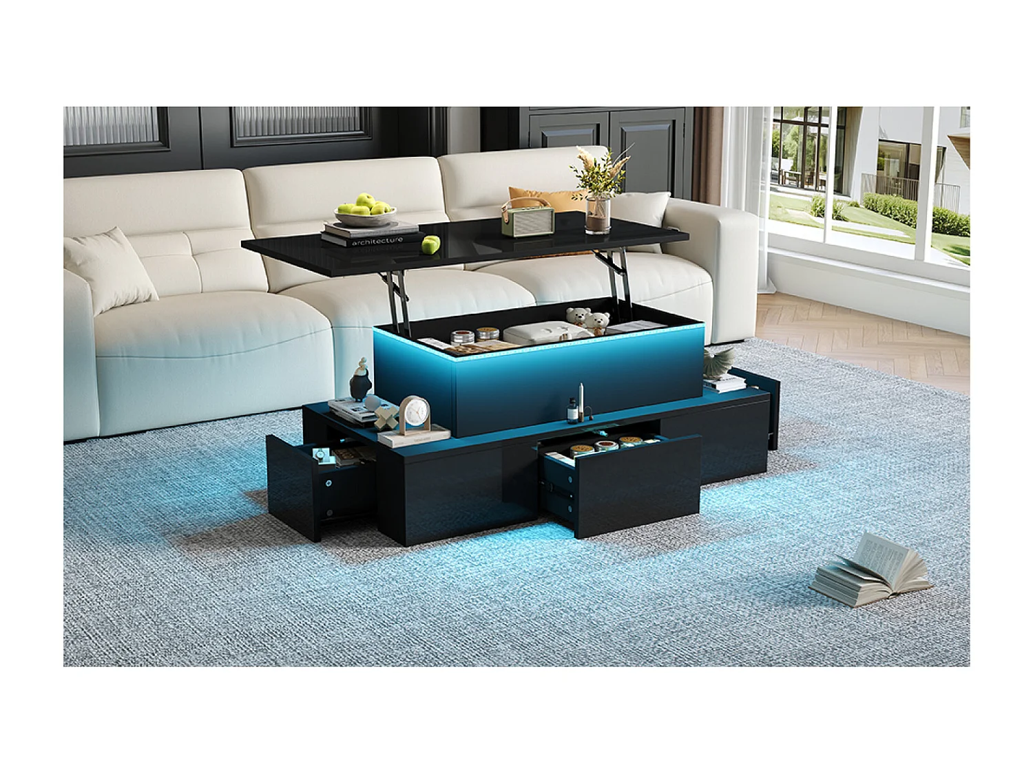 Mesa de centro com tampo elevatório, 4 gavetas e iluminação LED - Acabamento em preto brilhante - Madeira MDF
