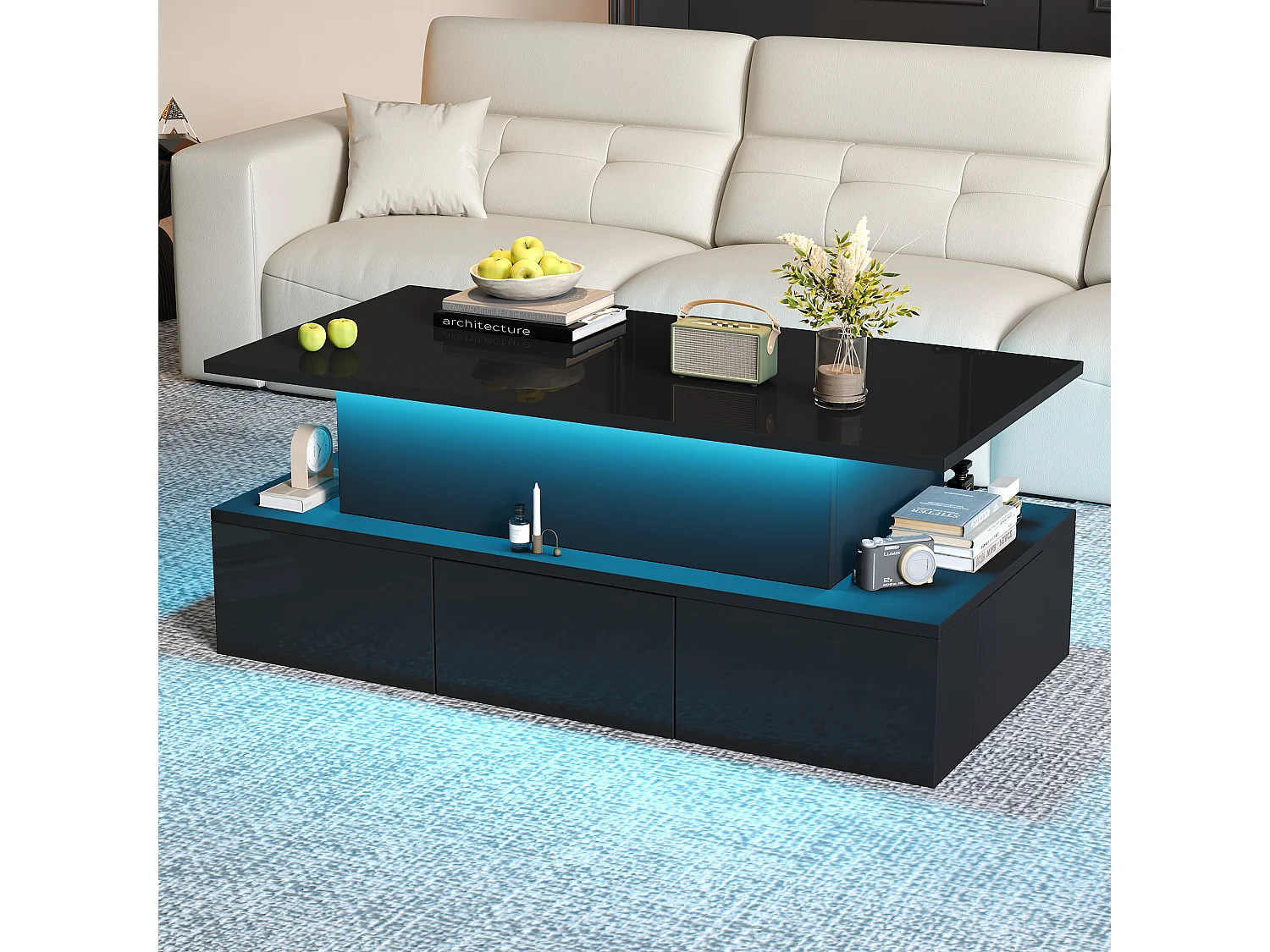 Mesa de centro com tampo elevatório, 4 gavetas e iluminação LED - Acabamento em preto brilhante - Madeira MDF