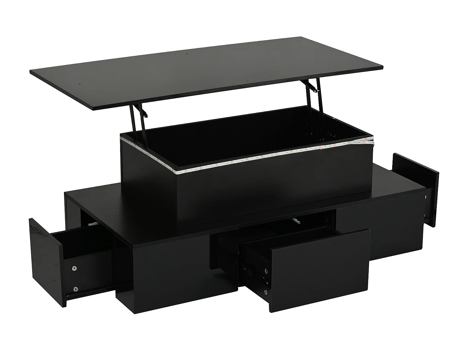 Mesa de centro com tampo elevatório, 4 gavetas e iluminação LED - Acabamento em preto brilhante - Madeira MDF
