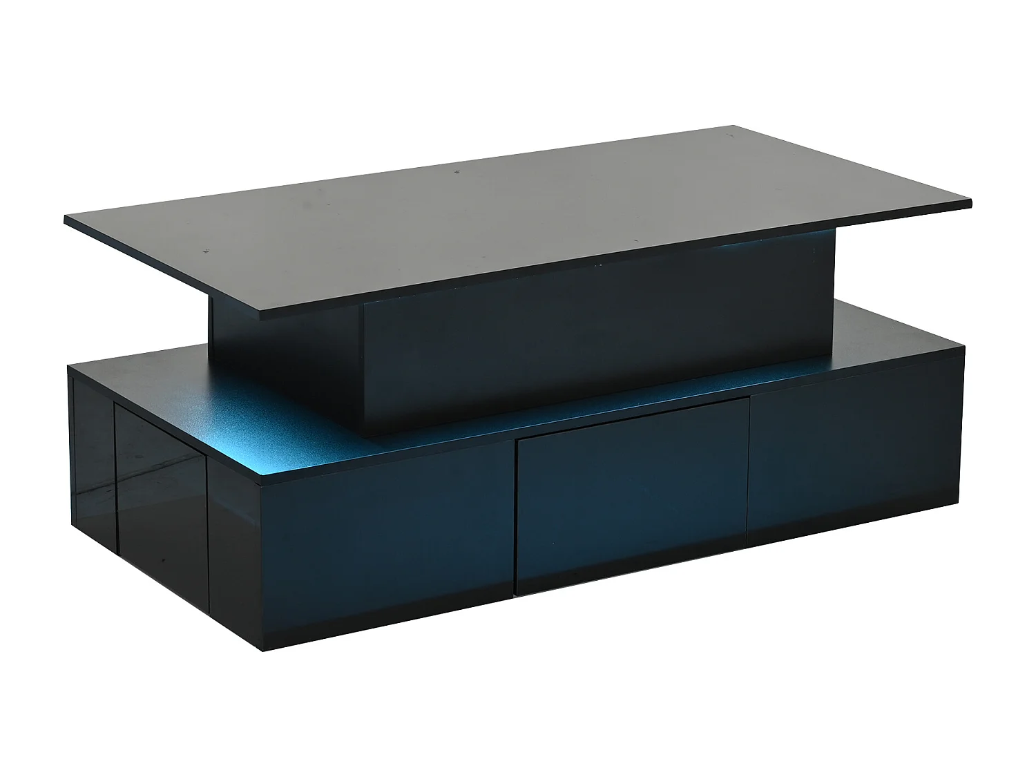 Mesa de centro com tampo elevatório, 4 gavetas e iluminação LED - Acabamento em preto brilhante - Madeira MDF