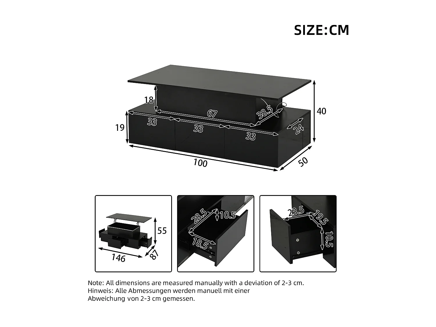 Mesa de centro com tampo elevatório, 4 gavetas e iluminação LED - Acabamento em preto brilhante - Madeira MDF