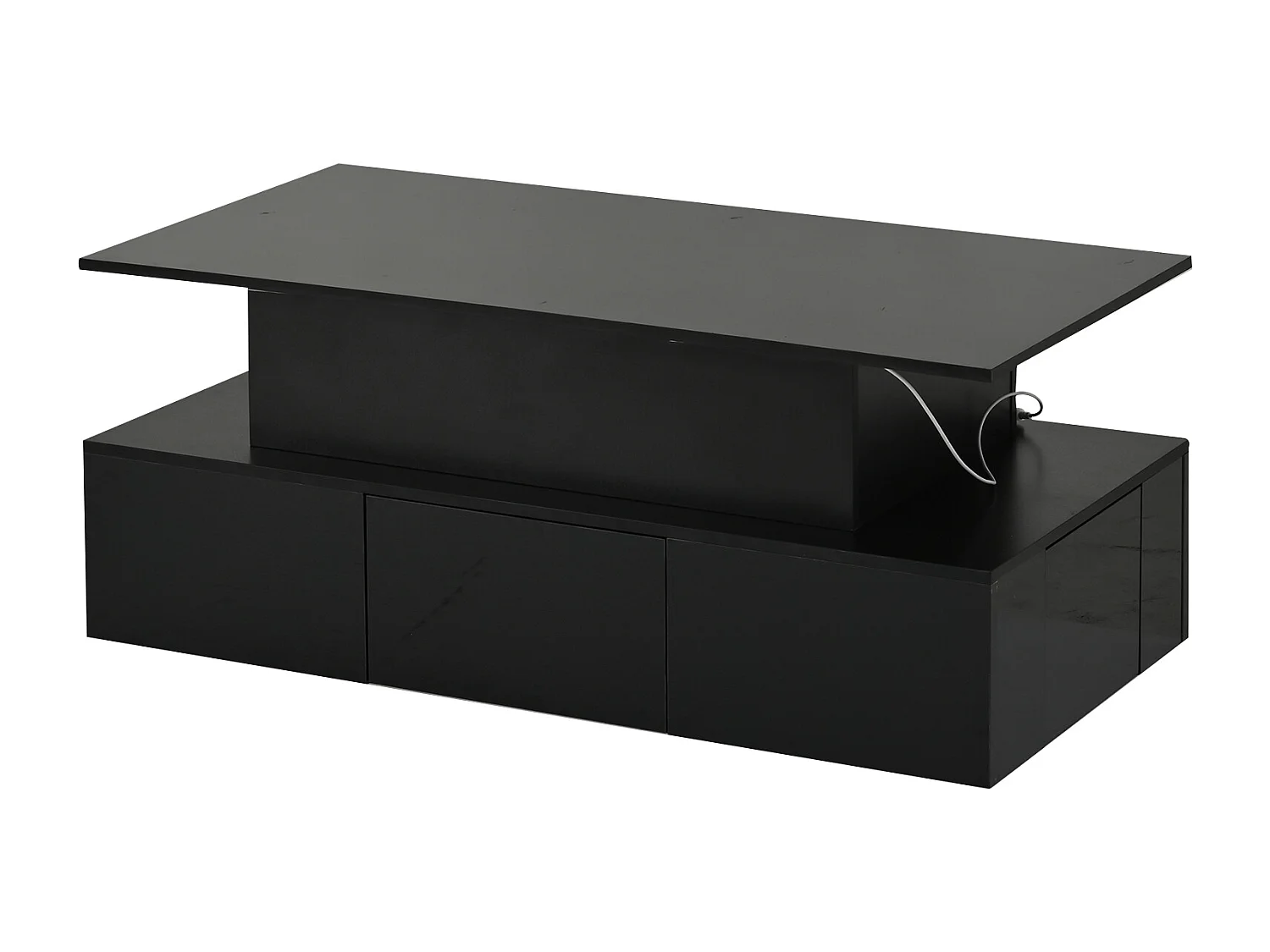 Mesa de centro com tampo elevatório, 4 gavetas e iluminação LED - Acabamento em preto brilhante - Madeira MDF