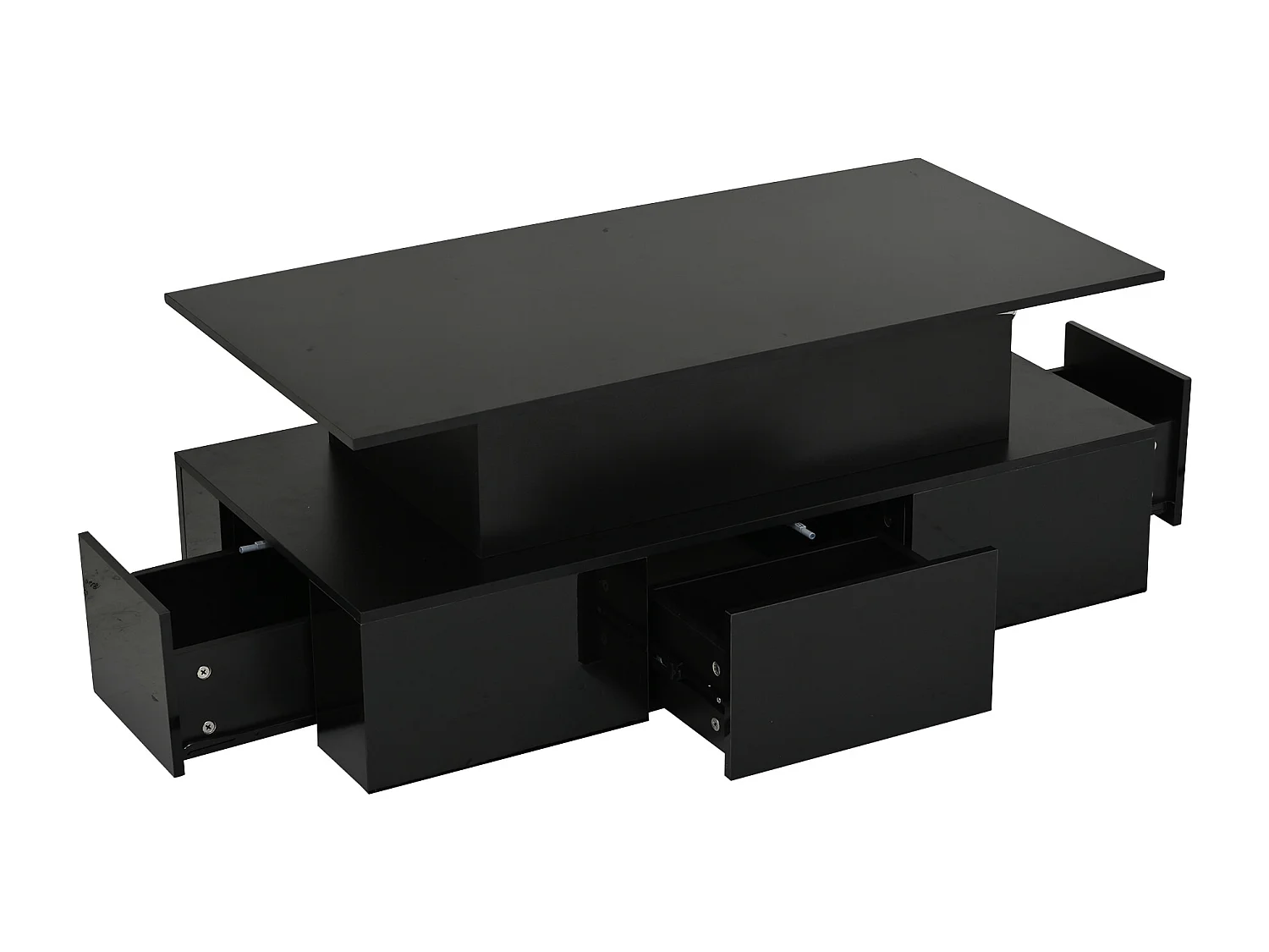 Mesa de centro com tampo elevatório, 4 gavetas e iluminação LED - Acabamento em preto brilhante - Madeira MDF