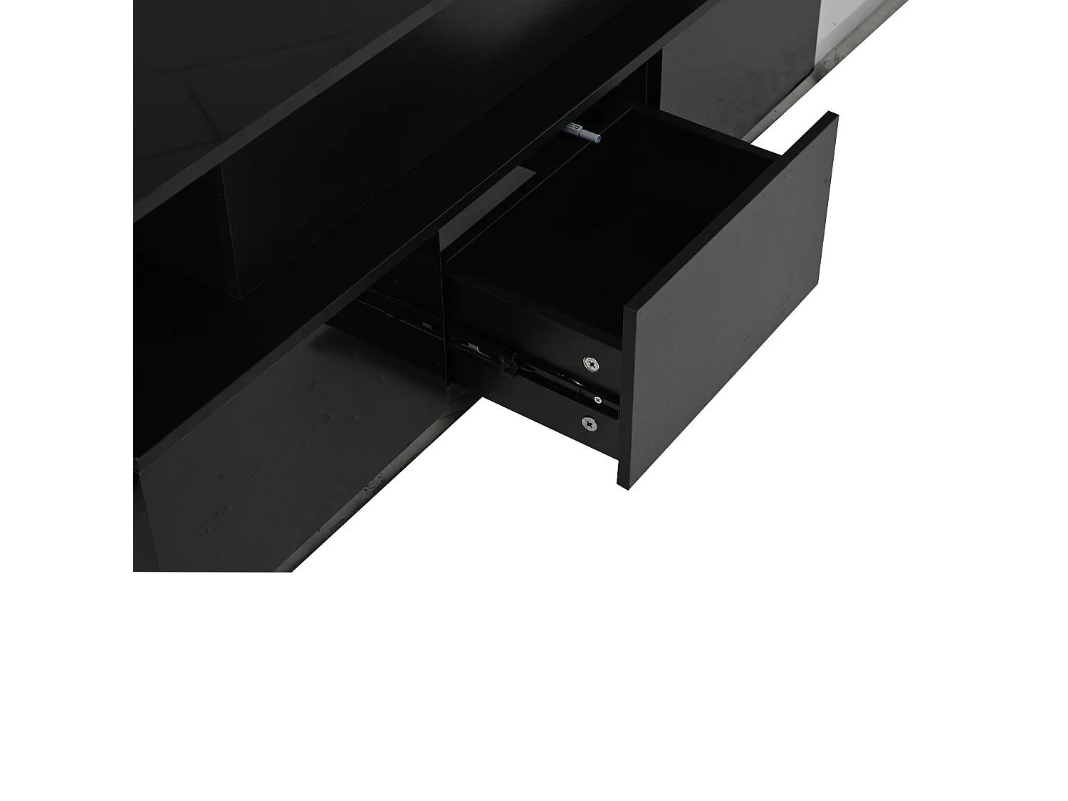 Mesa de centro com tampo elevatório, 4 gavetas e iluminação LED - Acabamento em preto brilhante - Madeira MDF