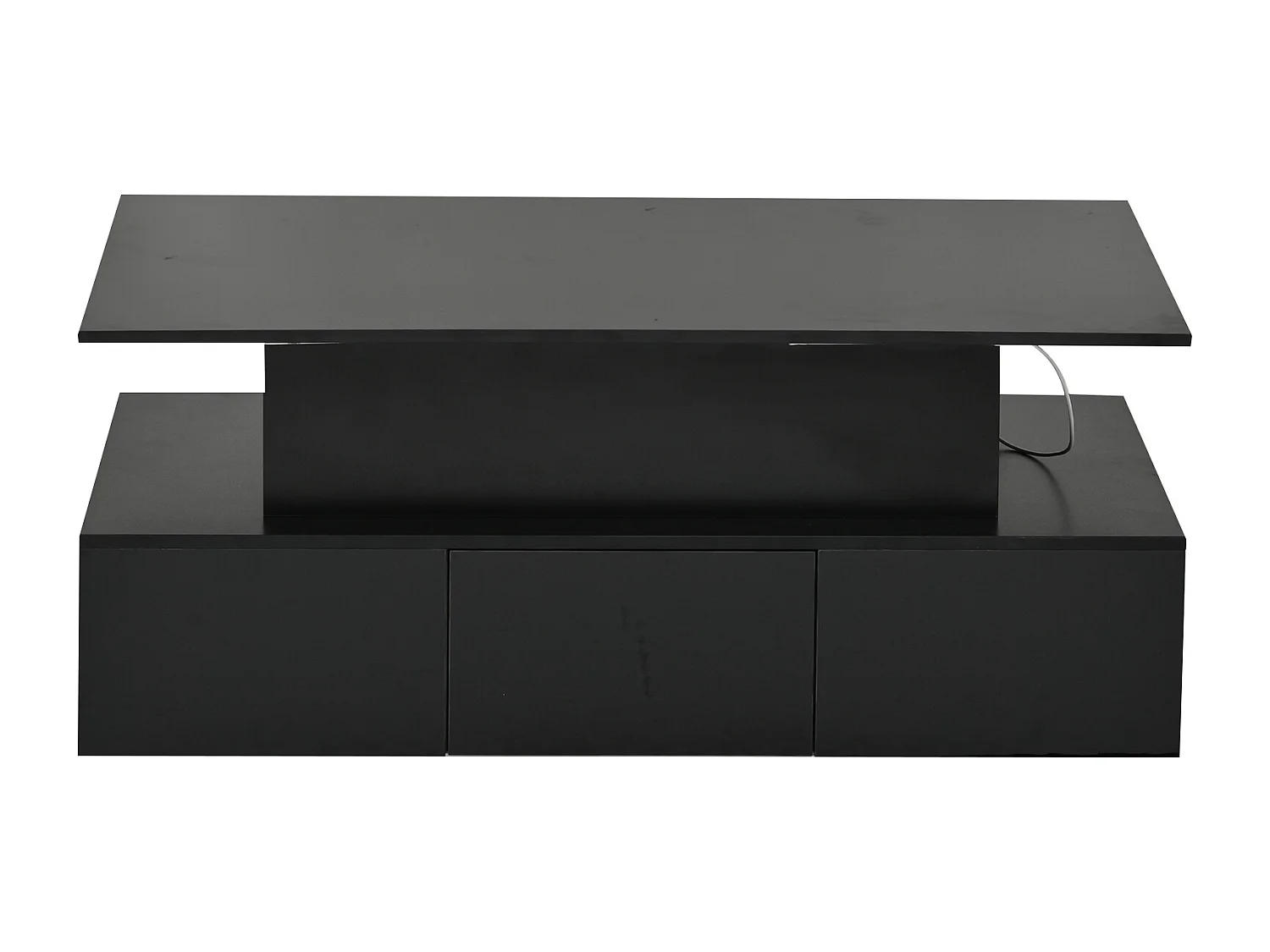 Mesa de centro com tampo elevatório, 4 gavetas e iluminação LED - Acabamento em preto brilhante - Madeira MDF