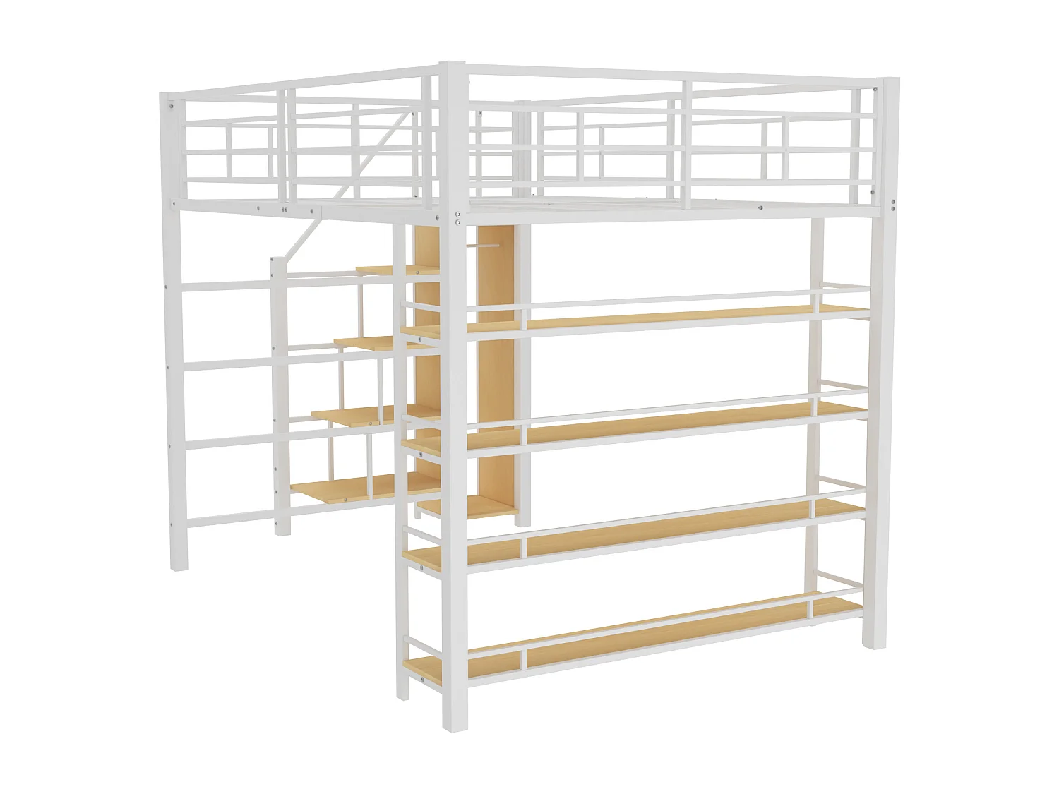 Lit mezzanine 140 x 200 mm avec escalier de rangements, armoire et étagères - Lit enfant/ adulte- Blanc en métal