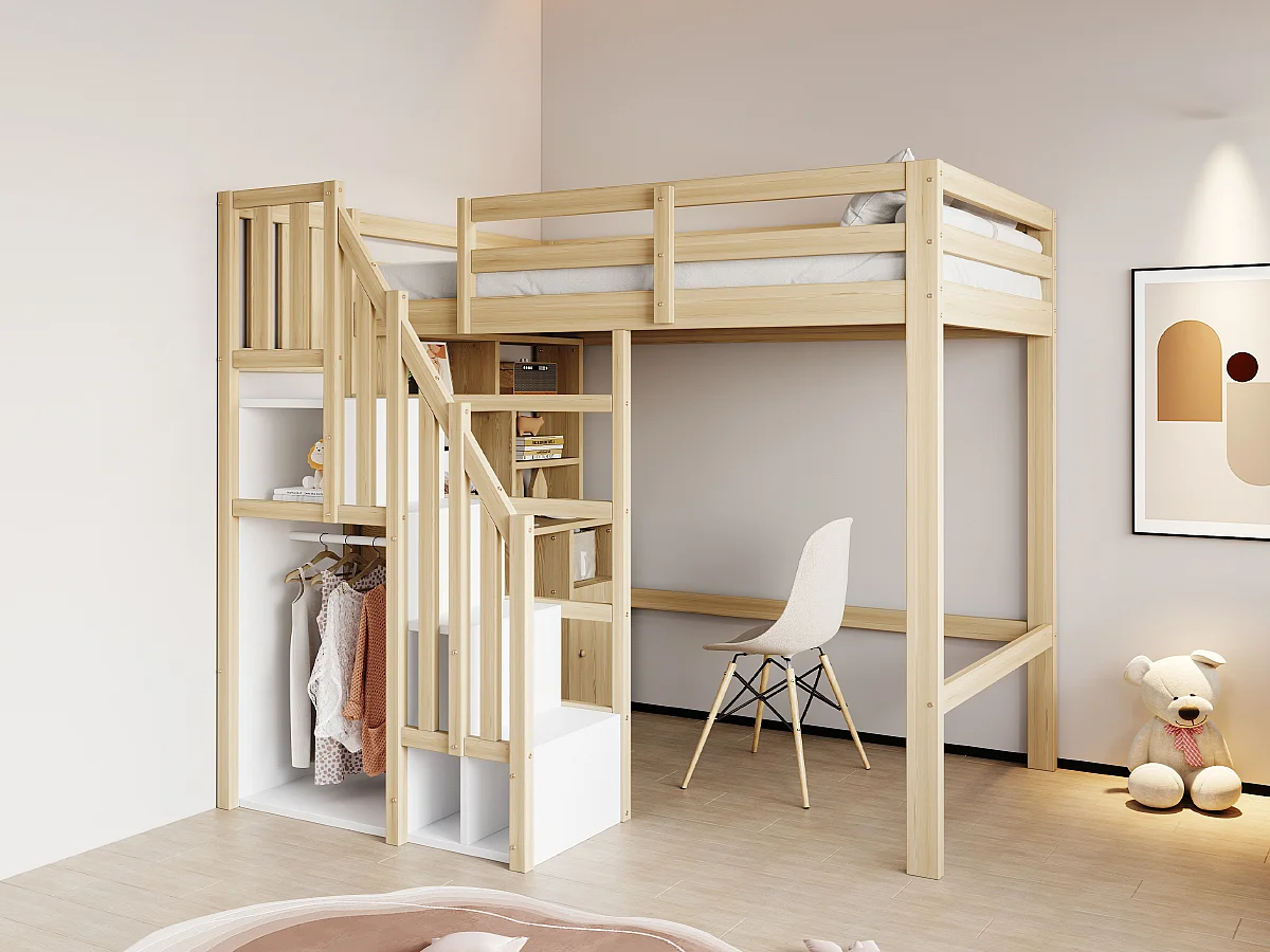 Lit mezzanine enfant 90x200 cm avec rangement, bureau et armoire - Cadre en bois -Couleur bois