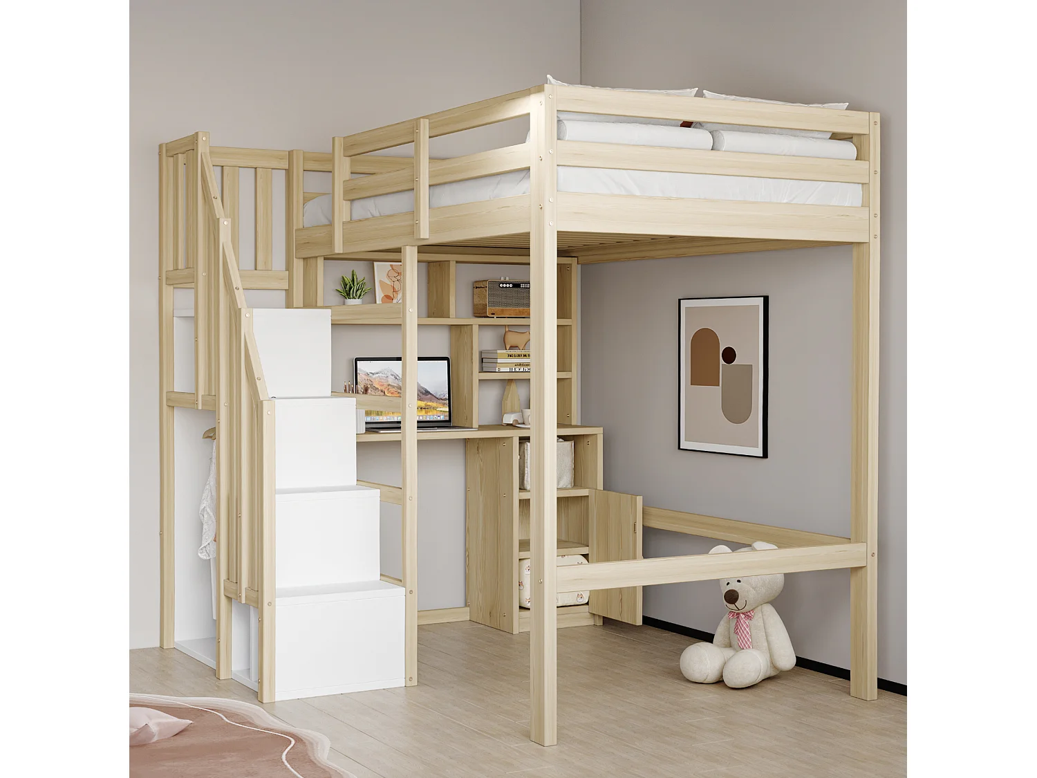 Lit mezzanine enfant 90x200 cm avec rangement, bureau et armoire - Cadre en bois -Couleur bois
