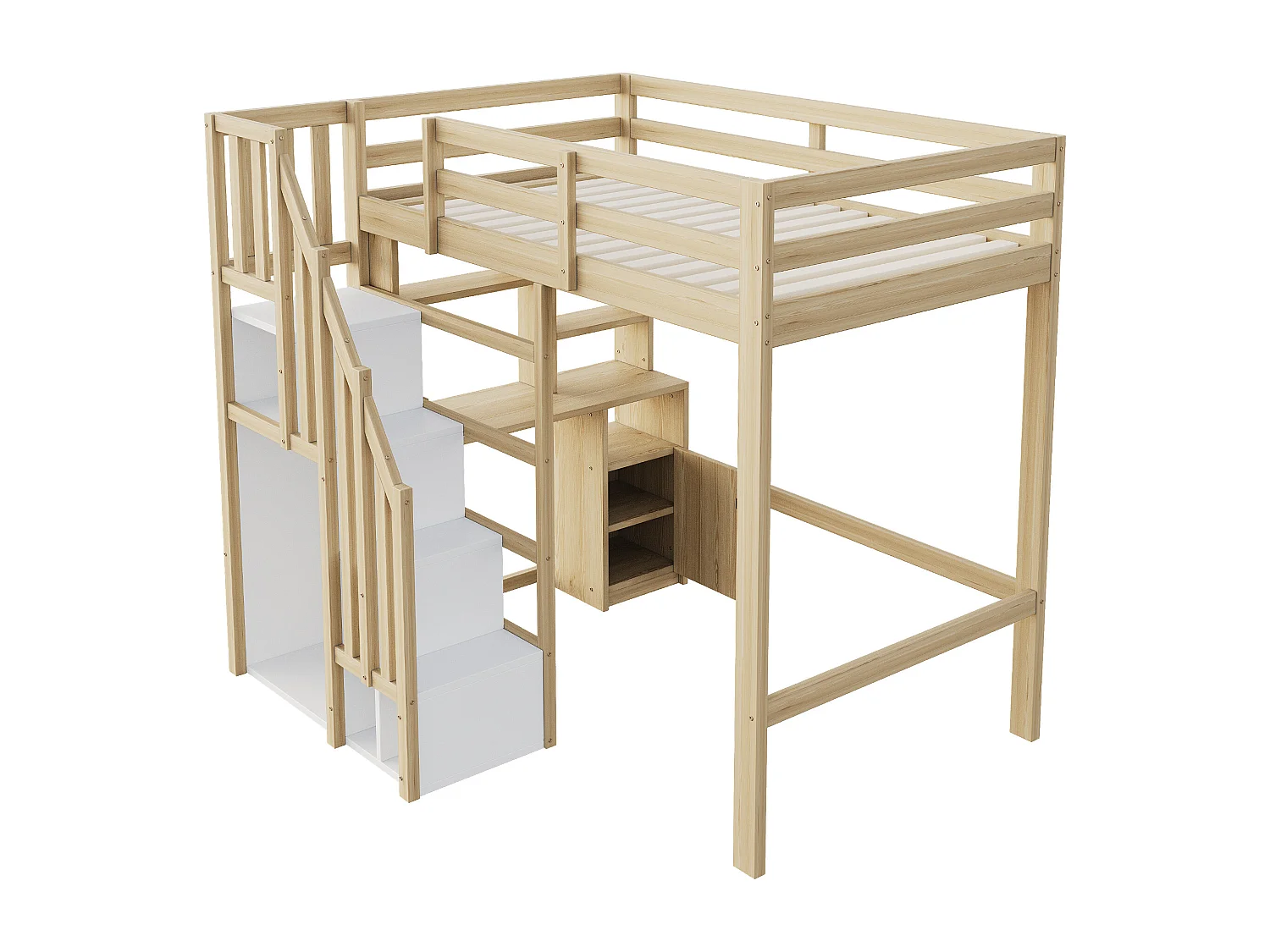 Lit mezzanine enfant 90x200 cm avec rangement, bureau et armoire - Cadre en bois -Couleur bois