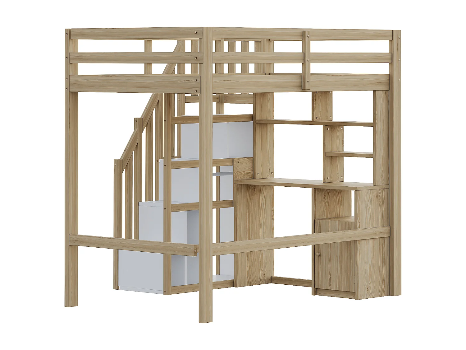 Lit mezzanine enfant 90x200 cm avec rangement, bureau et armoire - Cadre en bois -Couleur bois