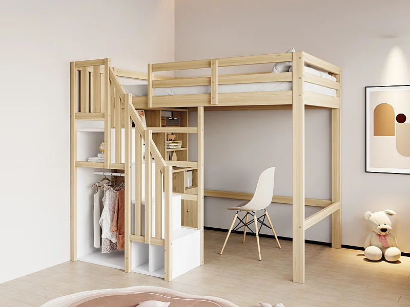 Lit mezzanine enfant 90x200 cm avec rangement, bureau et armoire - Cadre en bois -Couleur bois