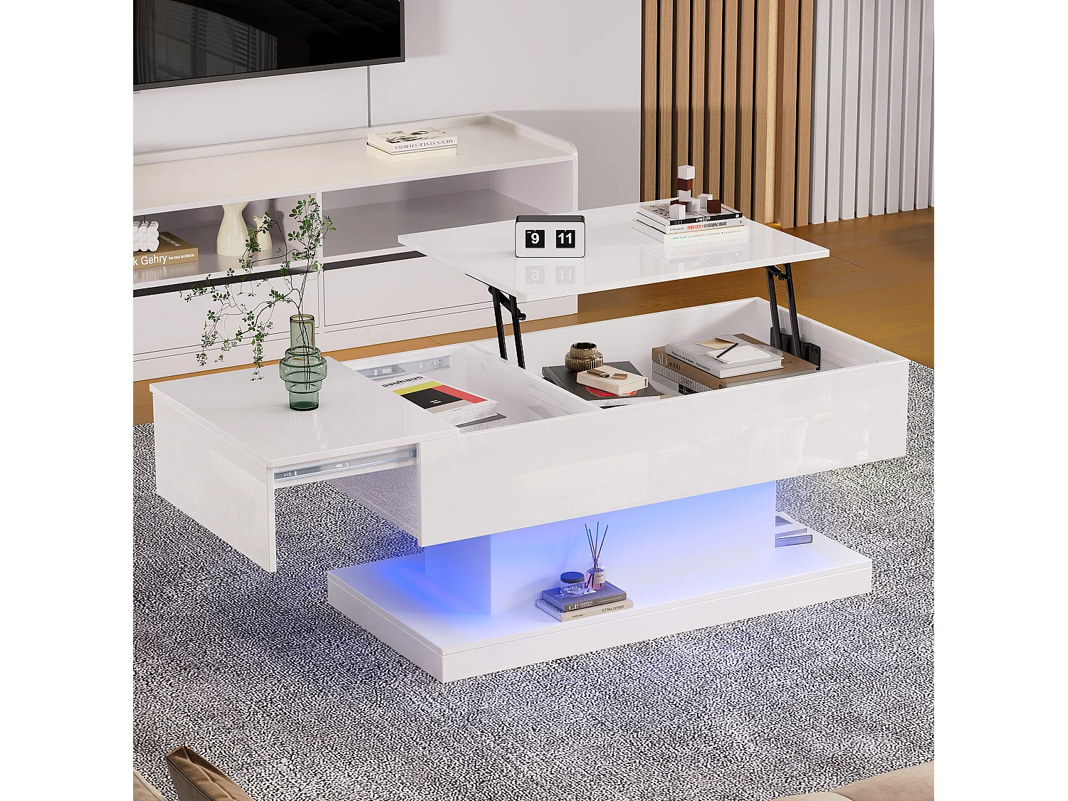 Table basse relevable à finition brillante avec LED et rangement - Blanc