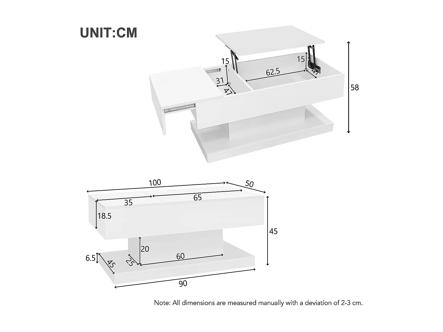 Table basse relevable à finition brillante avec LED et rangement - Blanc