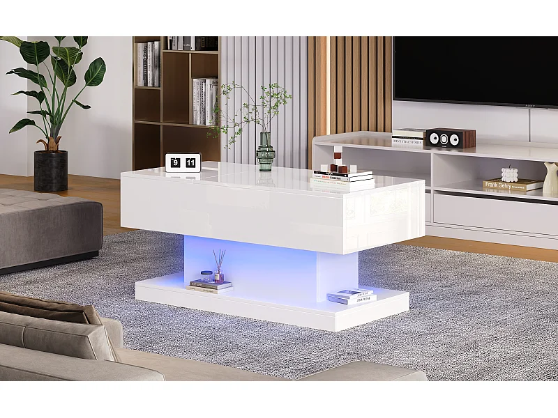 Salontafel met opklapbaar bovenblad, glanzende afwerking, ledverlichting en opbergruimte - Wit
