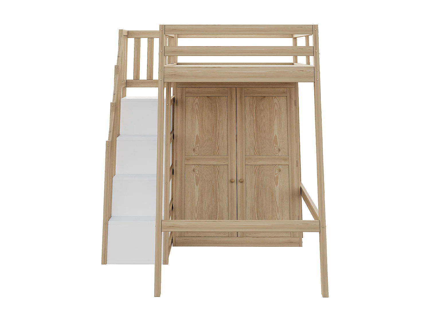 Lit mezzanine 90x200 cm avec rangement, escalier de sécurité et armoires - Couleur bois - sans matelas