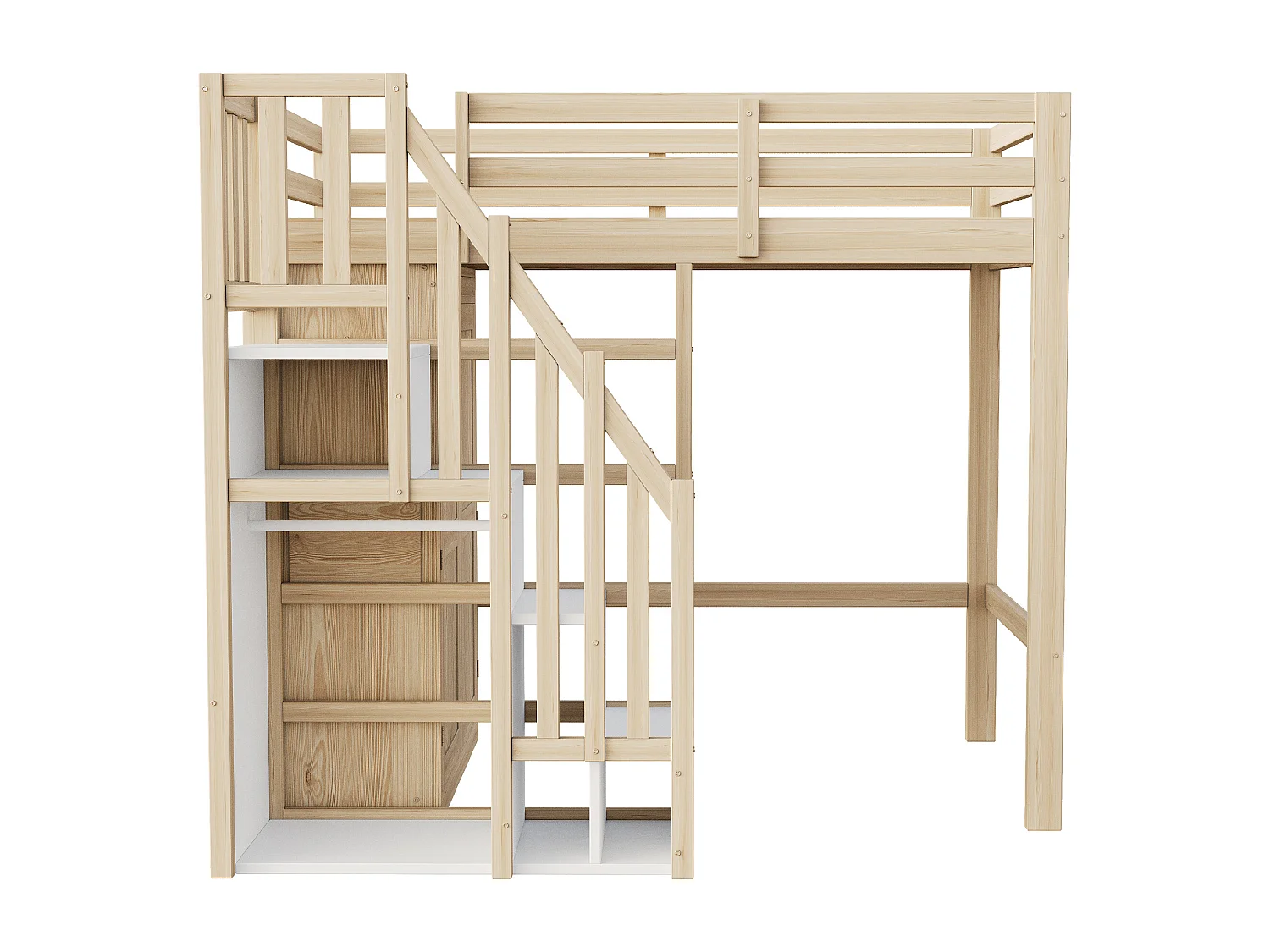 Lit mezzanine 90x200 cm avec rangement, escalier de sécurité et armoires - Couleur bois - sans matelas