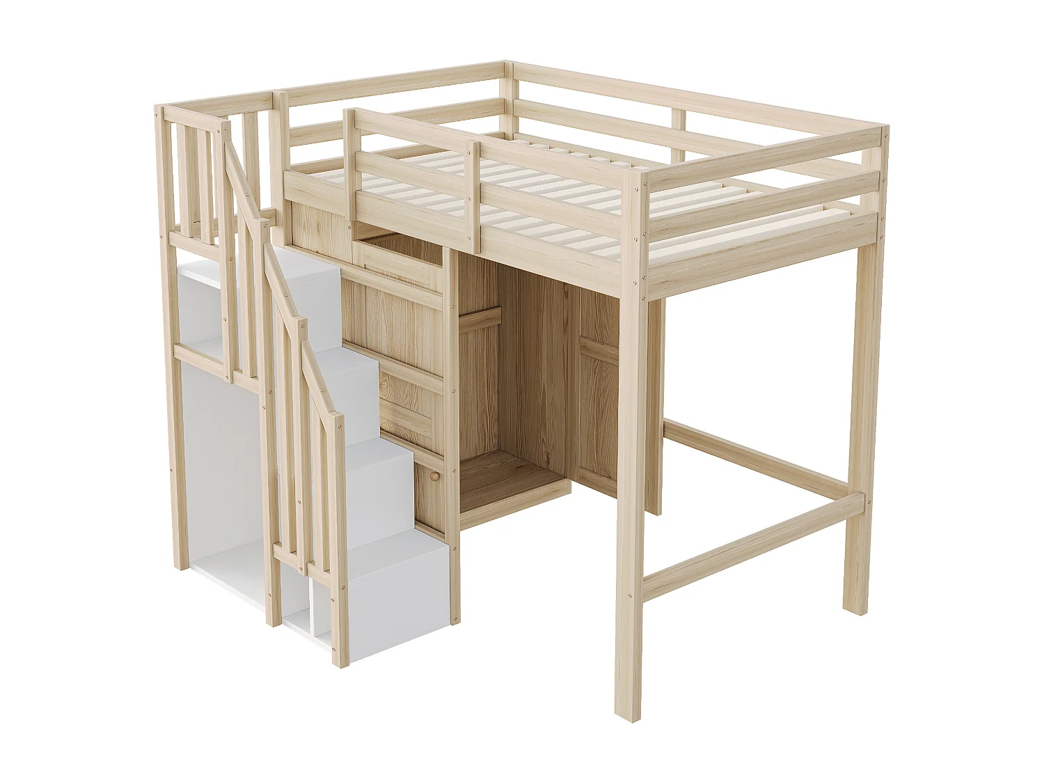 Lit mezzanine 90x200 cm avec rangement, escalier de sécurité et armoires - Couleur bois - sans matelas