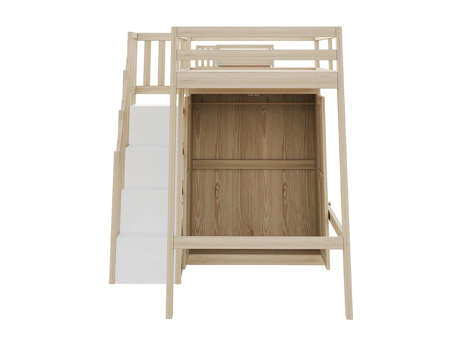 Lit mezzanine 90x200 cm avec rangement, escalier de sécurité et armoires - Couleur bois - sans matelas