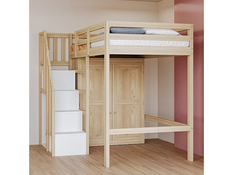 Lit mezzanine 90x200 cm avec rangement, escalier de sécurité et armoires - Couleur bois - sans matelas