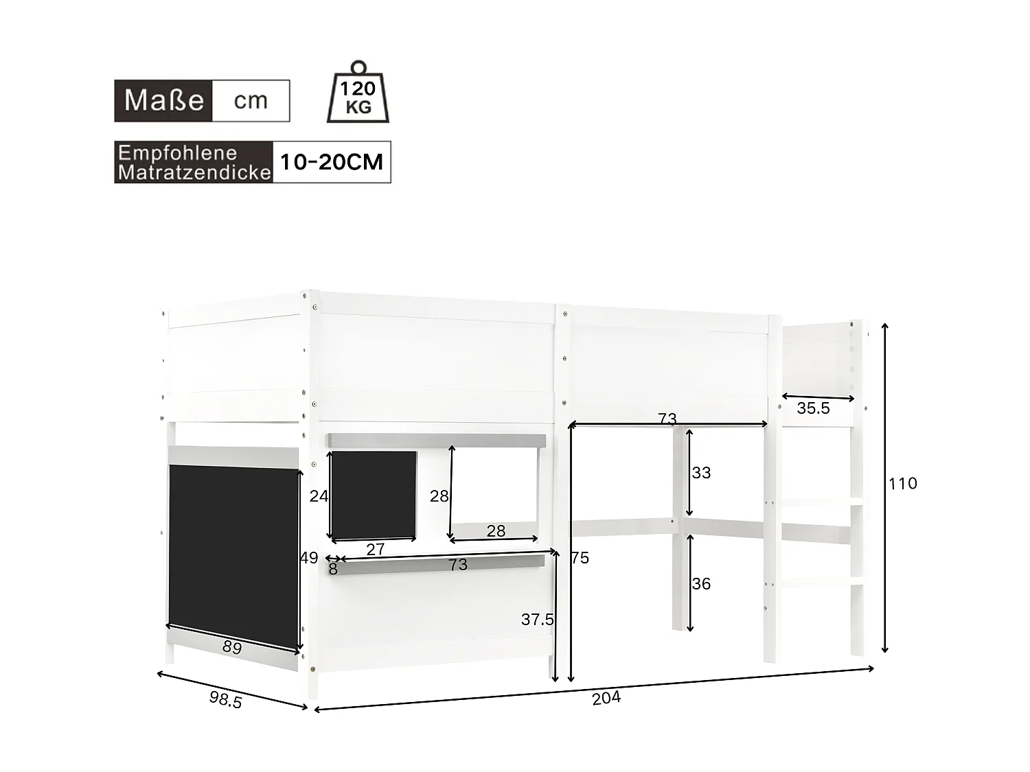 Lit mi-hauteur 90 x 200 cm avec tableau noir et étagère - Lit superposé enfant blanc en bois