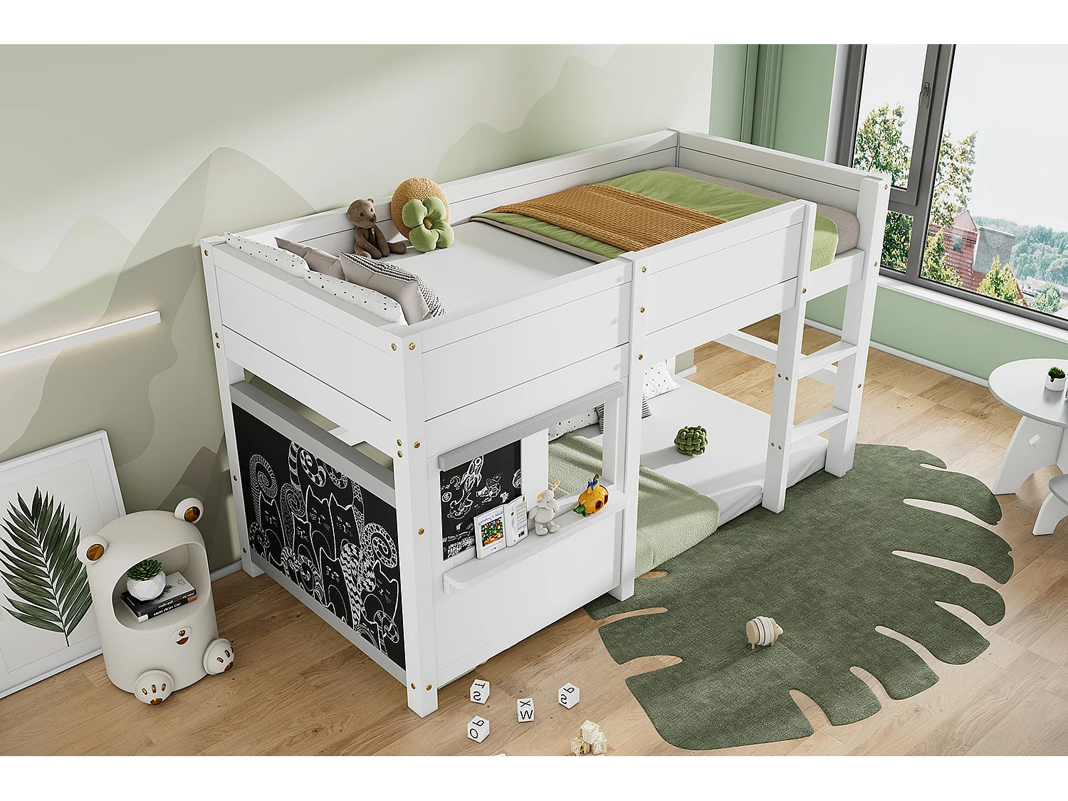 Lit mi-hauteur 90 x 200 cm avec tableau noir et étagère - Lit superposé enfant blanc en bois