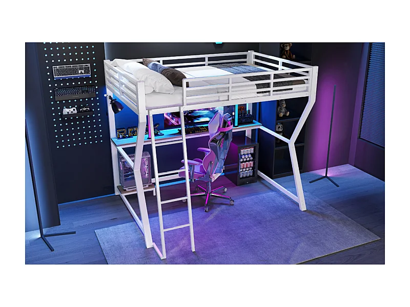 Lit mezzanine 90x200 cm avec LED, bureau, USB - Lit enfant en métal blanc