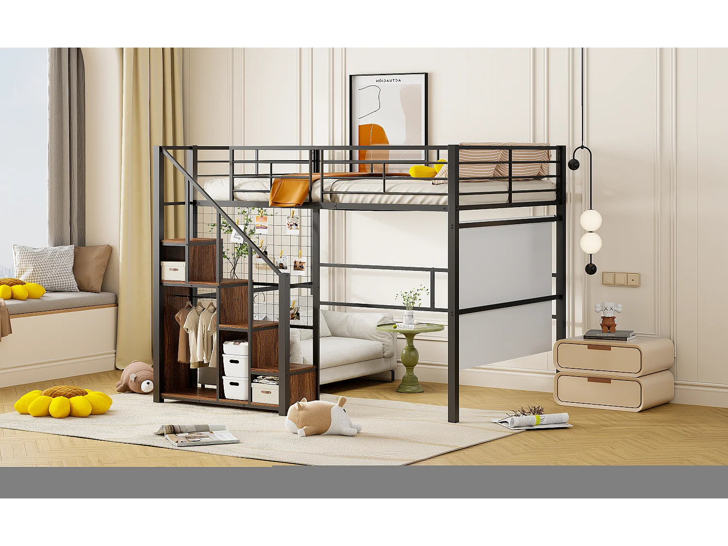 Lit mezzanine 140x200cm avec escalier de rangement et grille - Lit enfant en métail - Noir