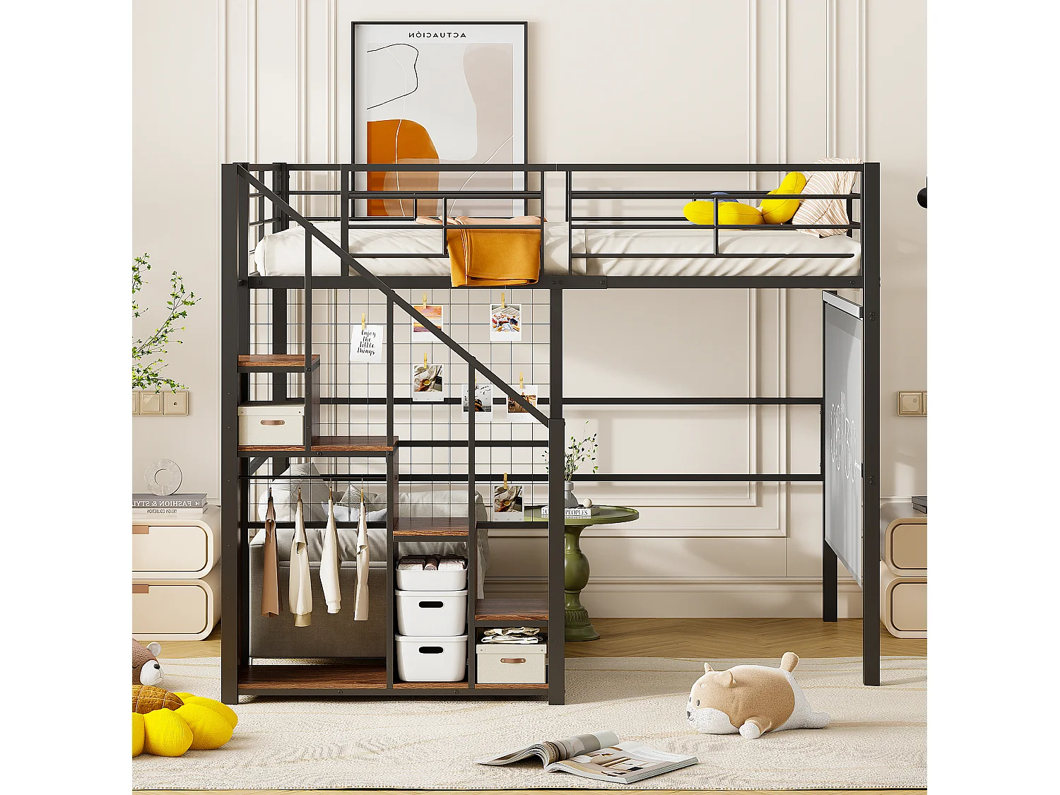 Lit mezzanine 140x200cm avec escalier de rangement et grille - Lit enfant en métail - Noir