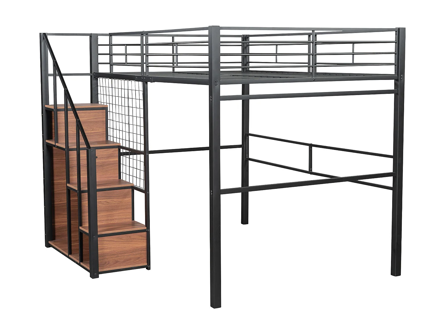 Lit mezzanine 140x200cm avec escalier de rangement et grille - Lit enfant en métail - Noir