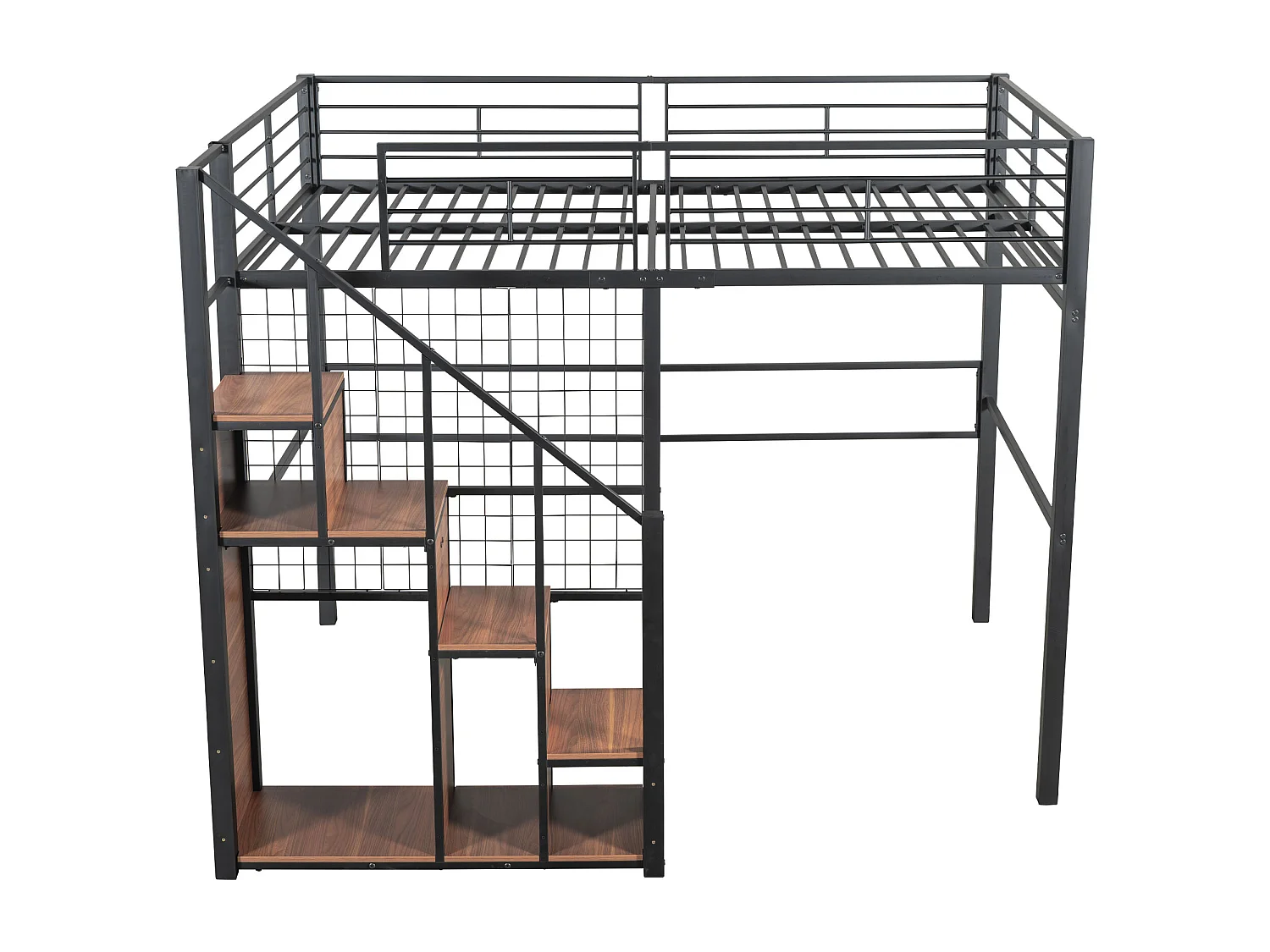 Lit mezzanine 140x200cm avec escalier de rangement et grille - Lit enfant en métail - Noir