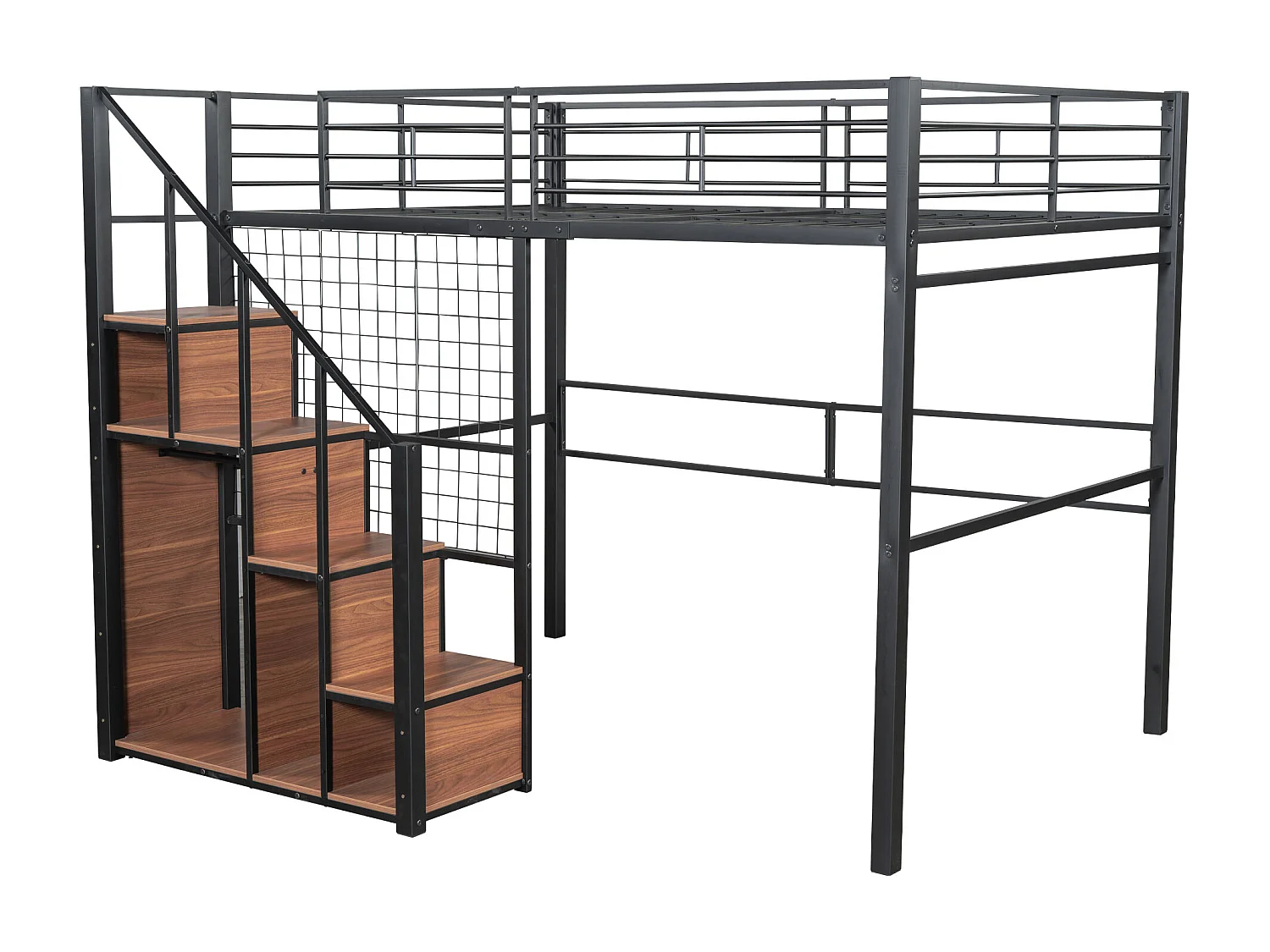 Lit mezzanine 140x200cm avec escalier de rangement et grille - Lit enfant en métail - Noir