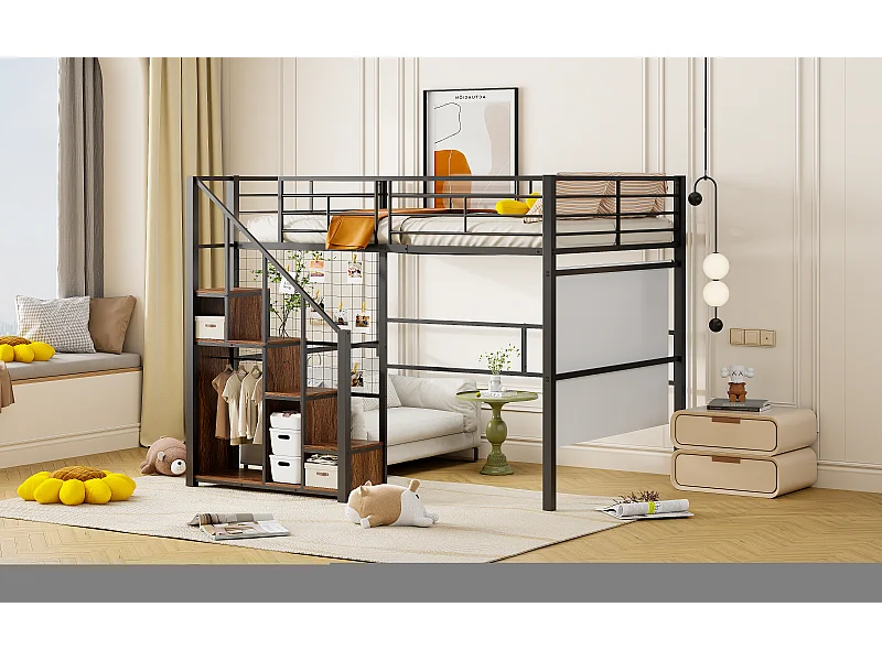 Lit mezzanine 140x200cm avec escalier de rangement et grille - Lit enfant en métail - Noir