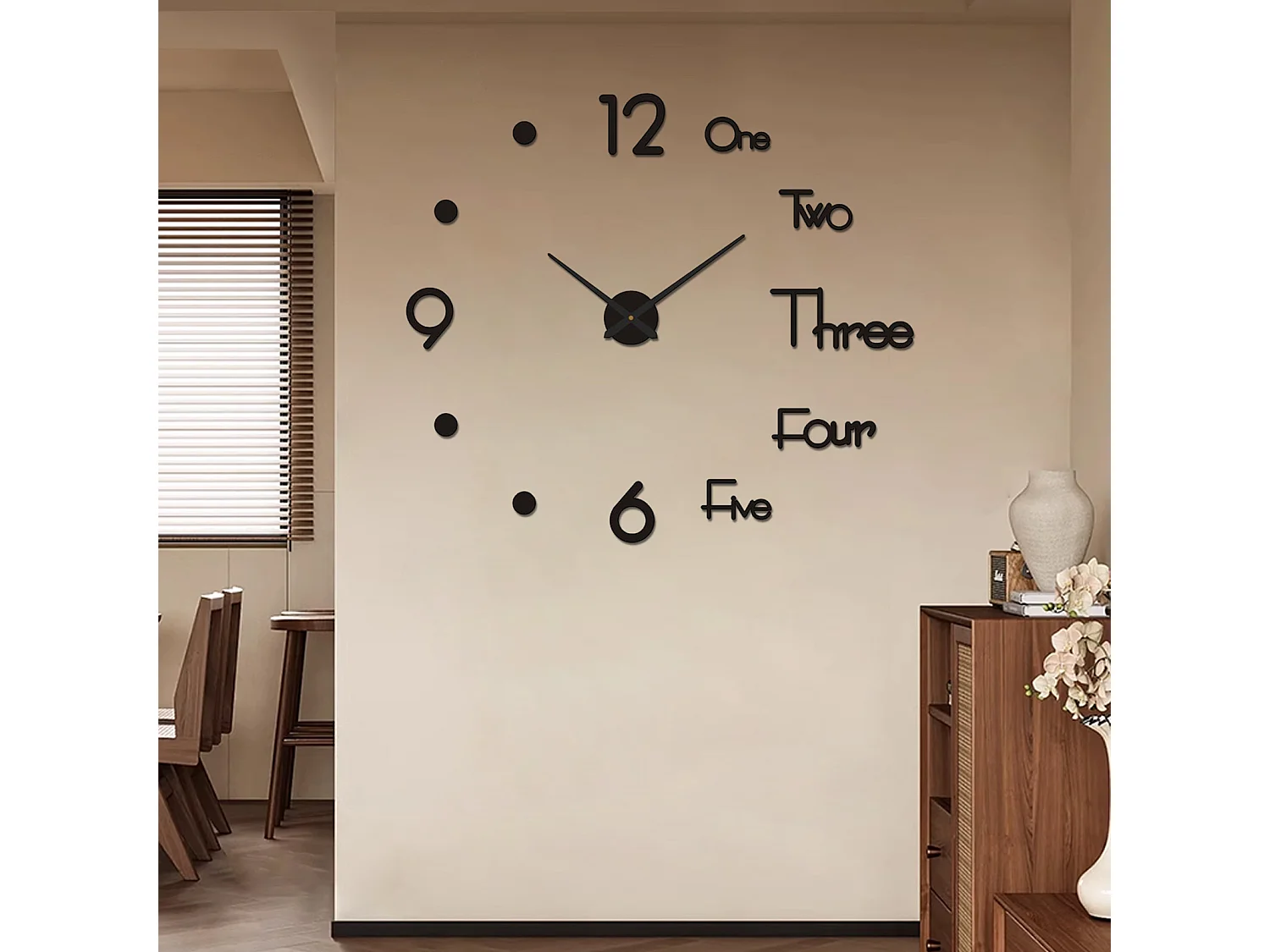 Horloge Murale 3D Moderne Silencieuse, Design Autocollant, Noir