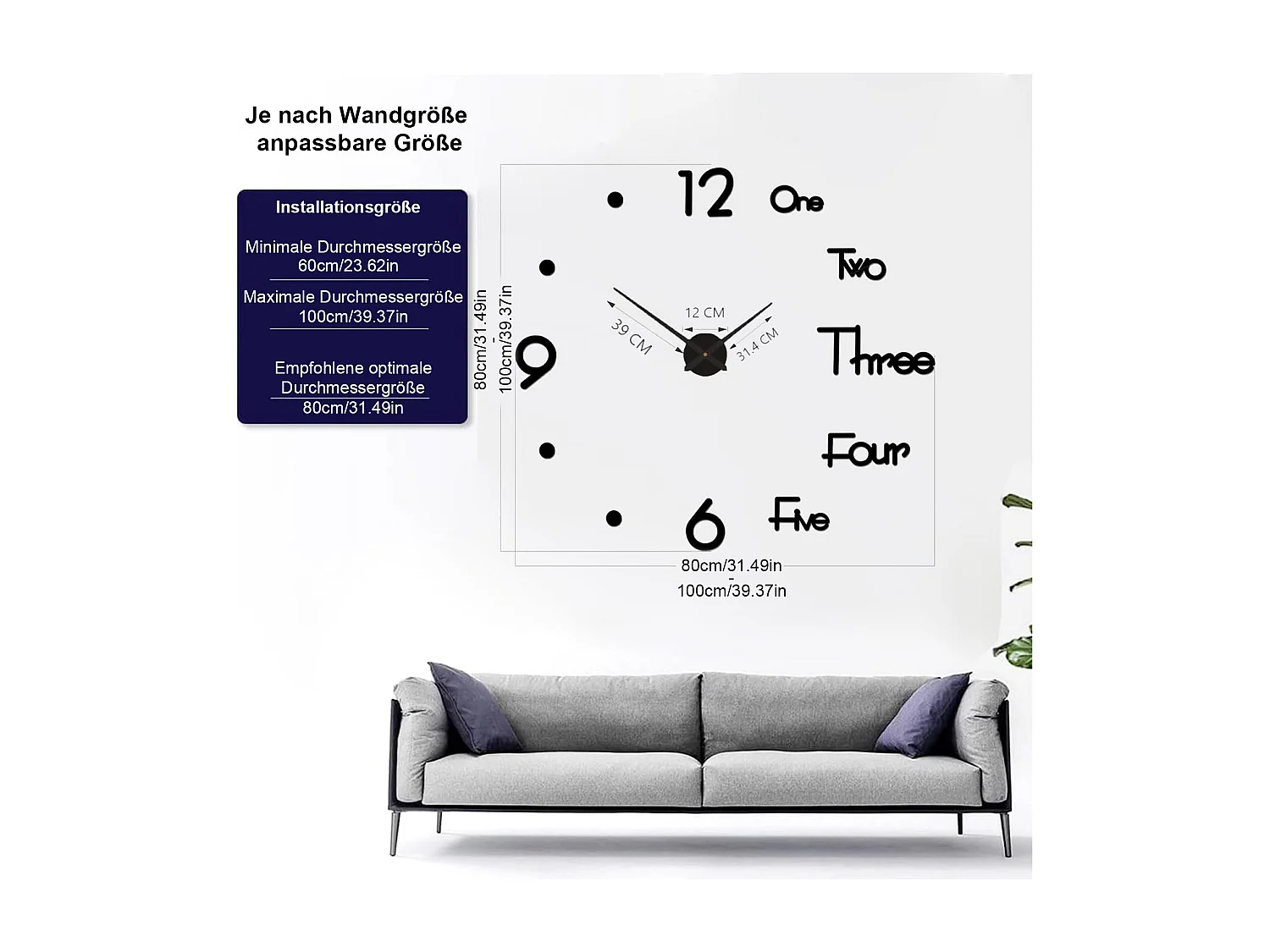 Horloge Murale 3D Moderne Silencieuse, Design Autocollant, Noir