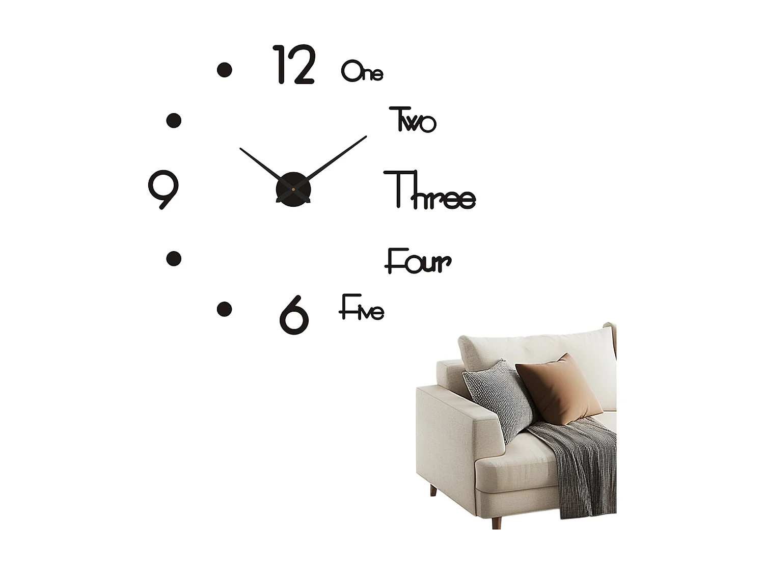 Horloge Murale 3D Moderne Silencieuse, Design Autocollant, Noir