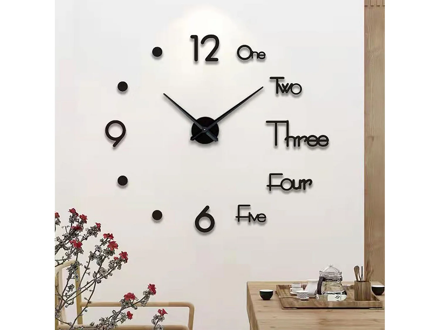 Horloge Murale 3D Moderne Silencieuse, Design Autocollant, Noir