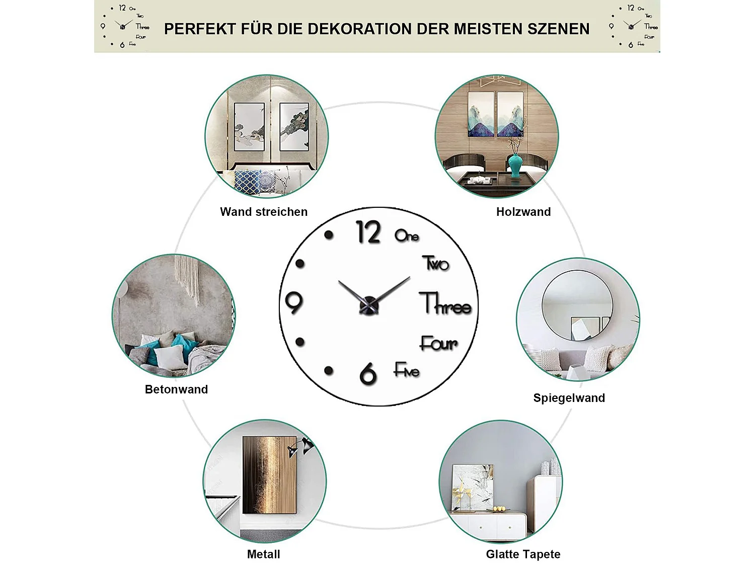 Horloge Murale 3D Moderne Silencieuse, Design Autocollant, Noir