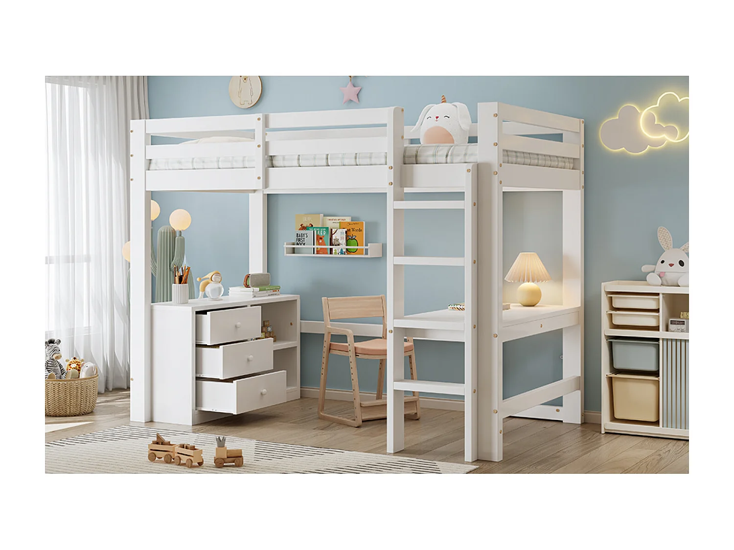 Lit mezzanine enfant 90 x 200 cm avec bureau et 3 tiroirs - Bois en pin et MDF - Blanc