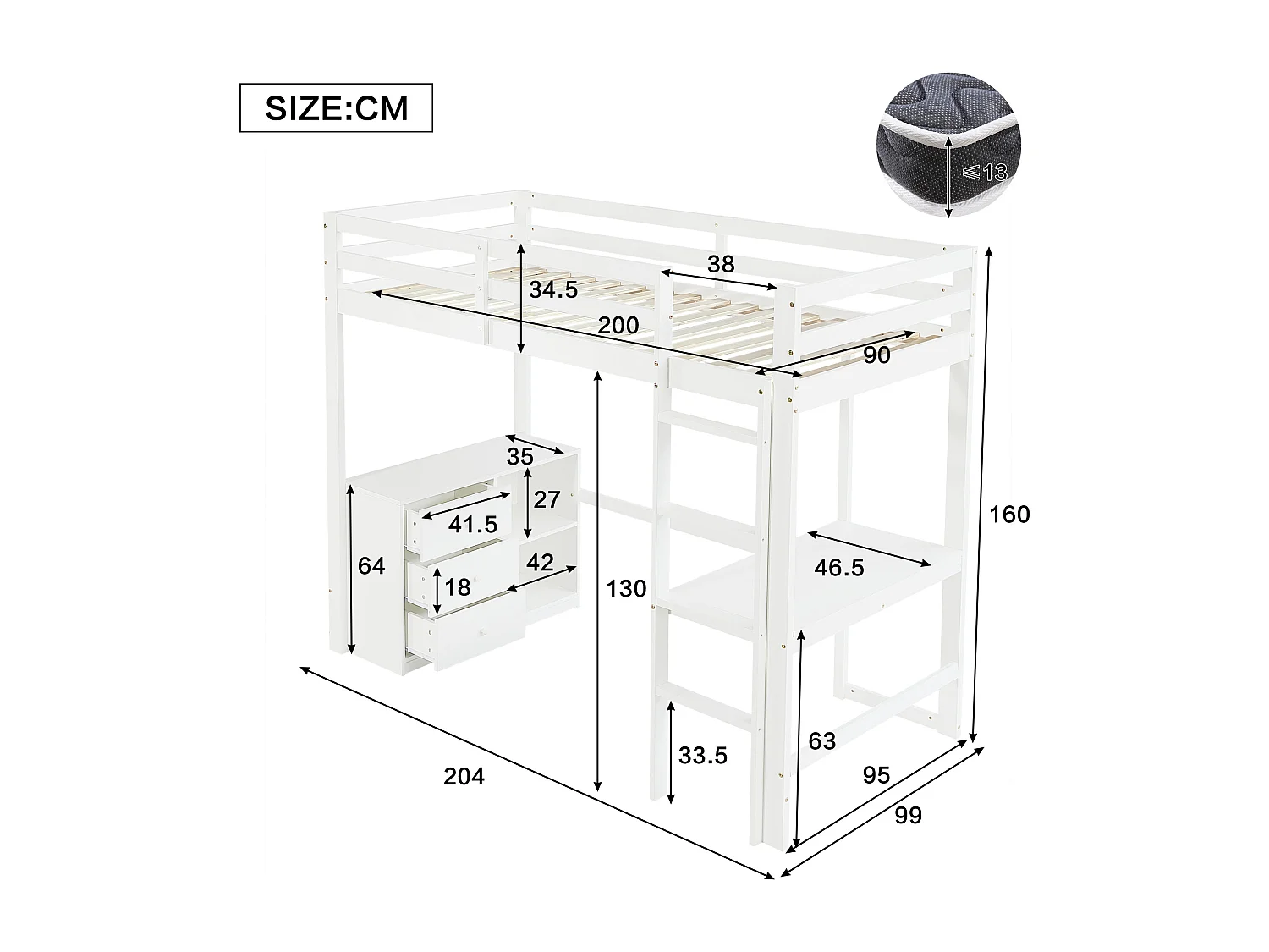 Lit mezzanine enfant 90 x 200 cm avec bureau et 3 tiroirs - Bois en pin et MDF - Blanc