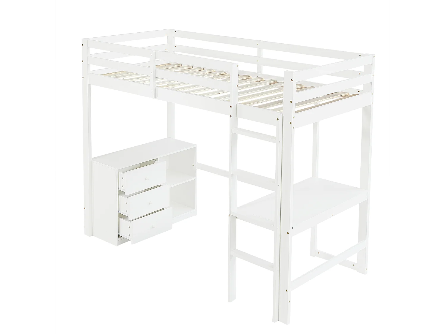 Lit mezzanine enfant 90 x 200 cm avec bureau et 3 tiroirs - Bois en pin et MDF - Blanc