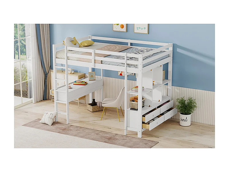 Lit mezzanine enfant 140 x 200 cm avec 6 tiroirs de rangement et bureau -Bois en pin et MDF blanc - sans matelas