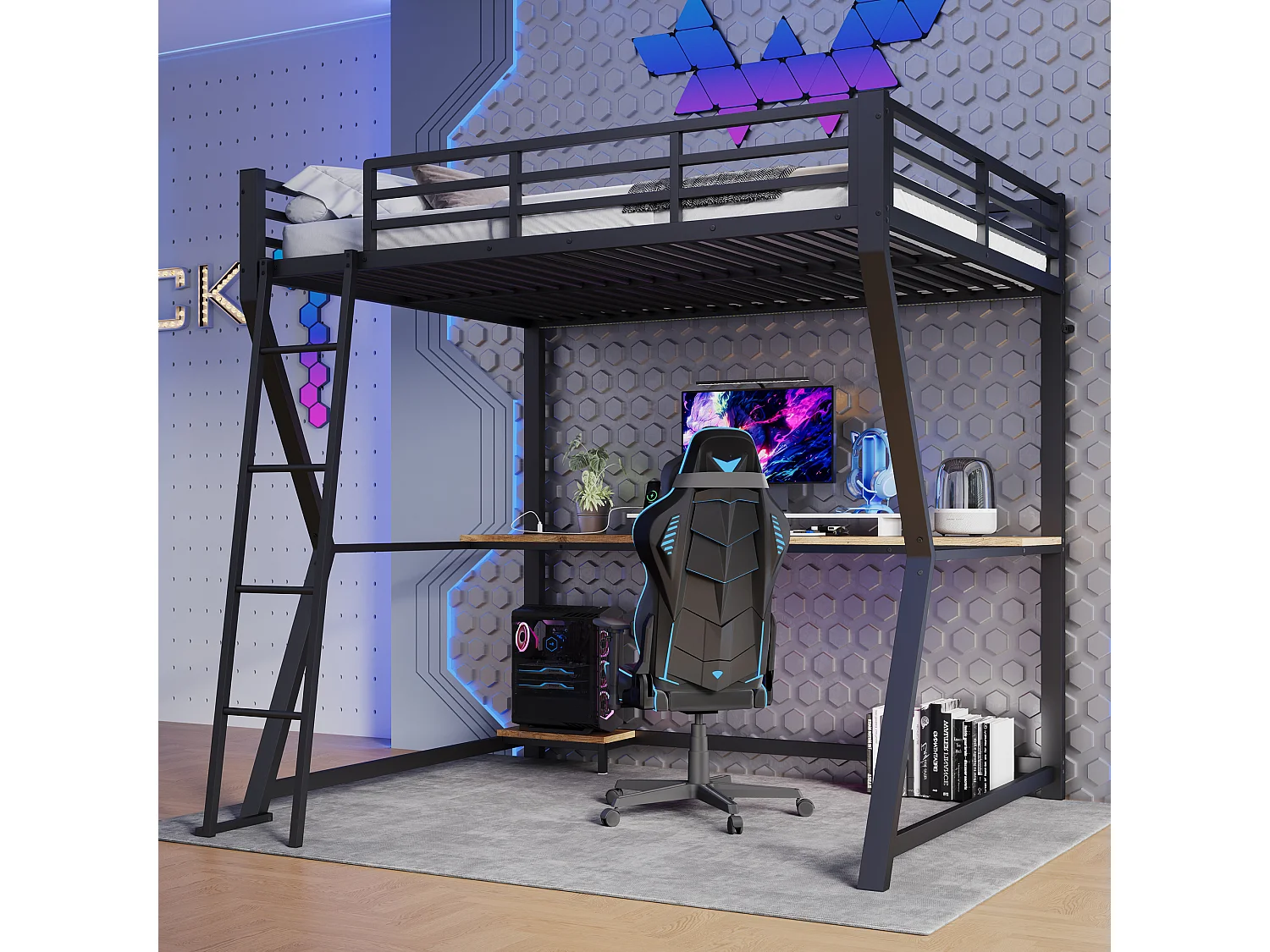 Lit mezzanine 140x200 cm avec LED, bureau, USB - Lit enfant en métal noir