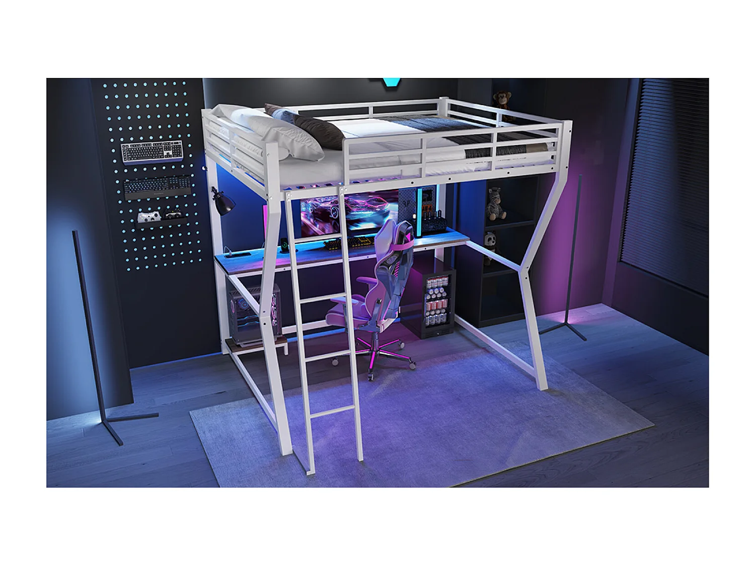 Lit mezzanine 140x200 cm avec LED, bureau, USB - Lit enfant en métal blanc