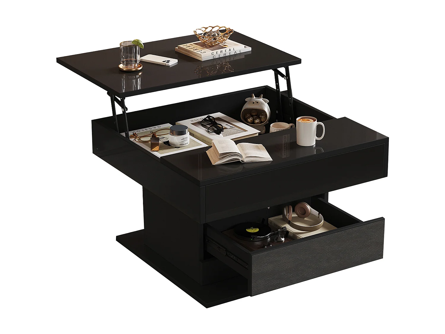 Table basse relevable laquée brillante avec tiroir - Plateau pivotant - Bois PB noir