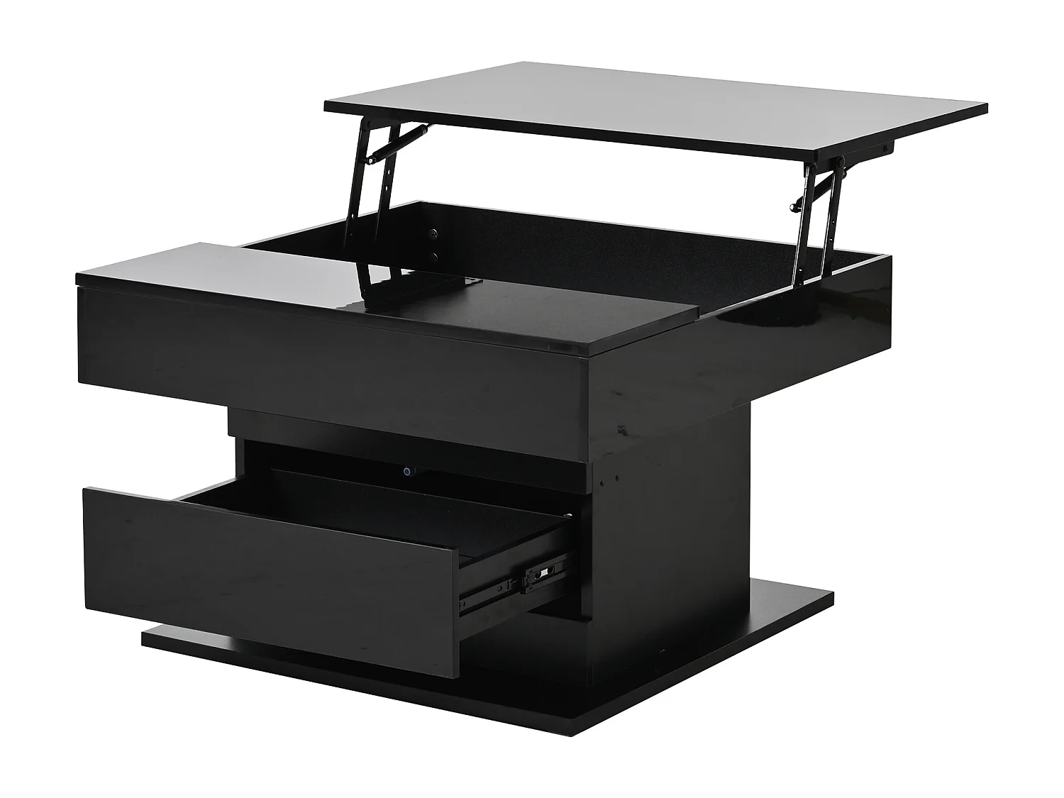 Table basse relevable laquée brillante avec tiroir - Plateau pivotant - Bois PB noir